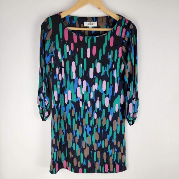 Tibi Abstract Printed Mini Dress Roll Tab Sleeves Crew Neck Black Size S - Picture 1 of 6